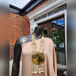 Neutral Beaded Statement Necklace with Bold Medallion 😍